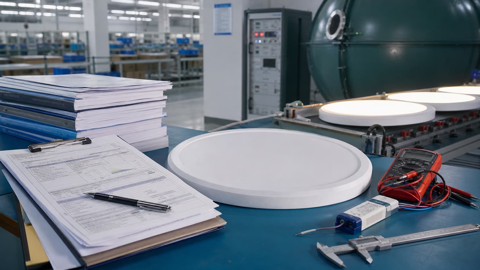 Muestras de luz de techo LED, herramientas de prueba y documentos de certificación en una mesa de control de calidad de fábrica para revisión de cumplimiento de exportación antes del envío.